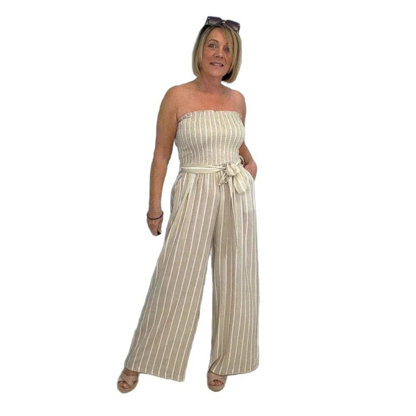 Women's Striped Tie-Waist Sleeveless Jumpsuit with Pockets