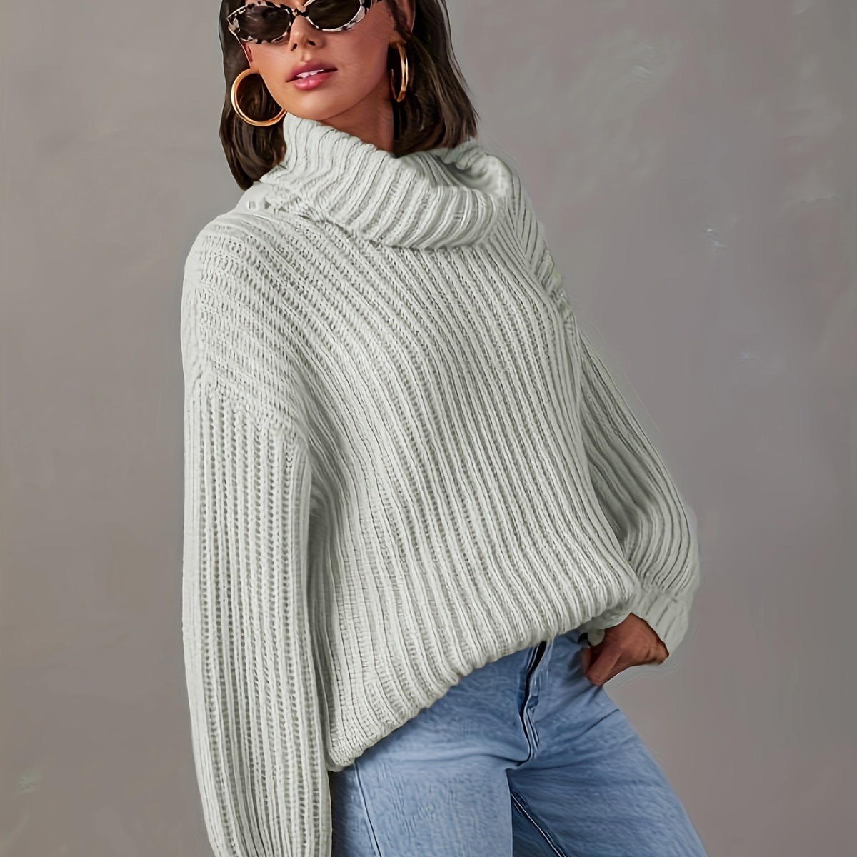 Women's Loose High Neck Wool Blend Pullover Sweater