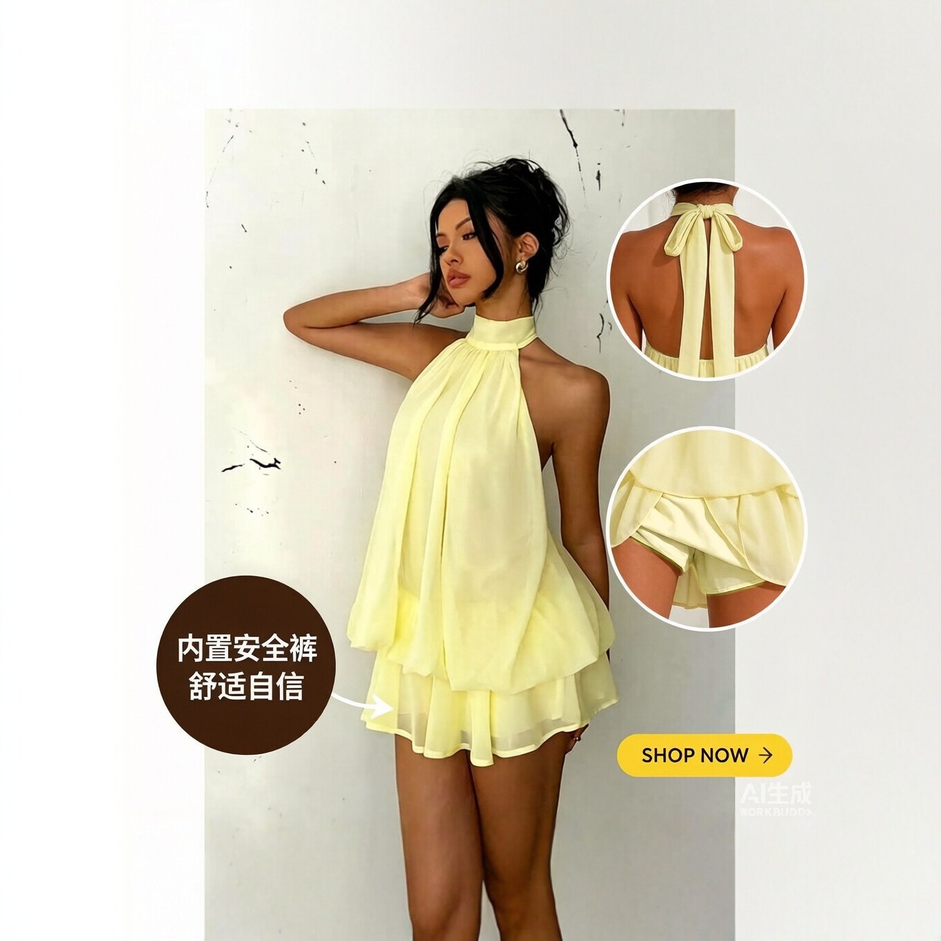 Women's Halter Open-Back Tie Chiffon A-Line Mini Dress with Built-in Shorts