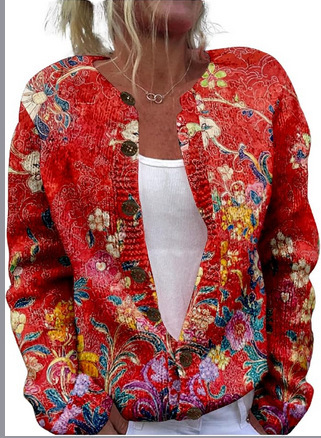 Women's Heart Print Button Cardigan Sweater