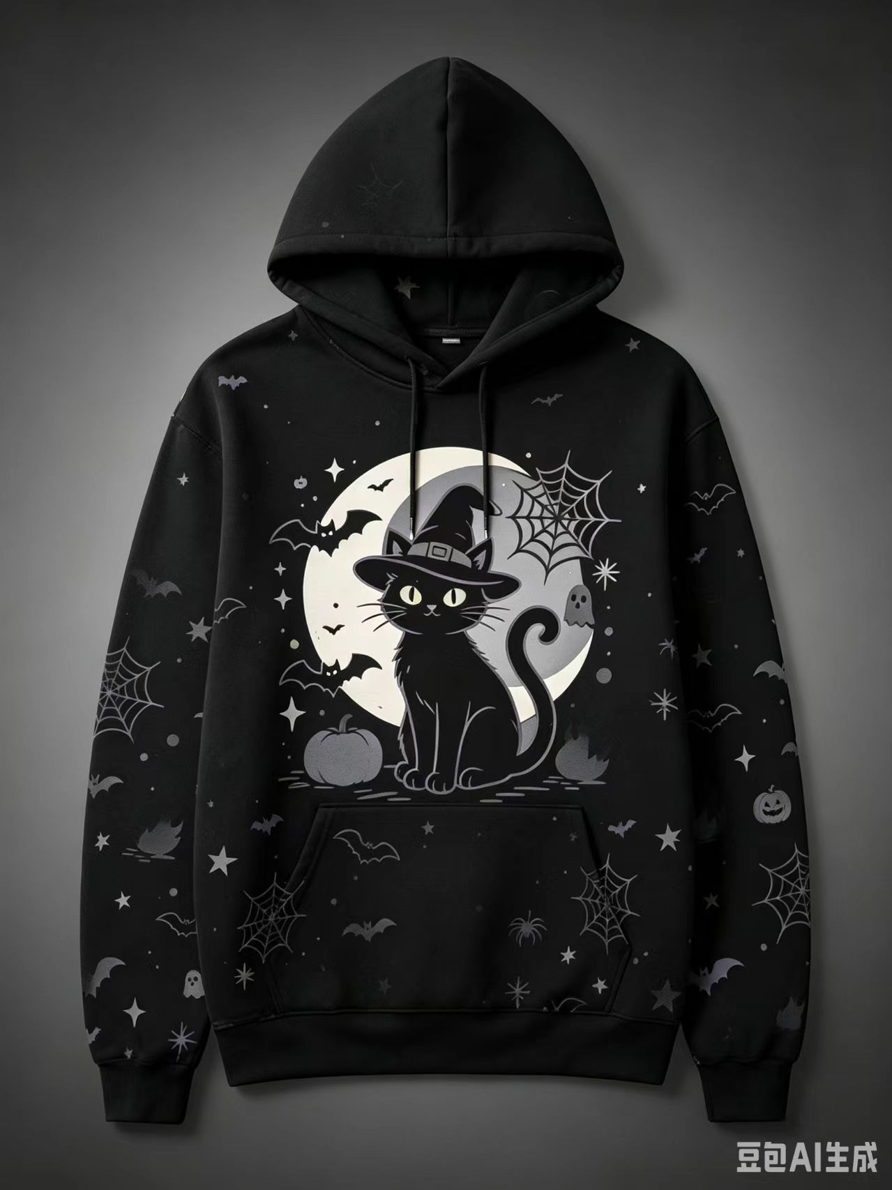 Women's Halloween Print Hoodie Cat Ghost Pullover