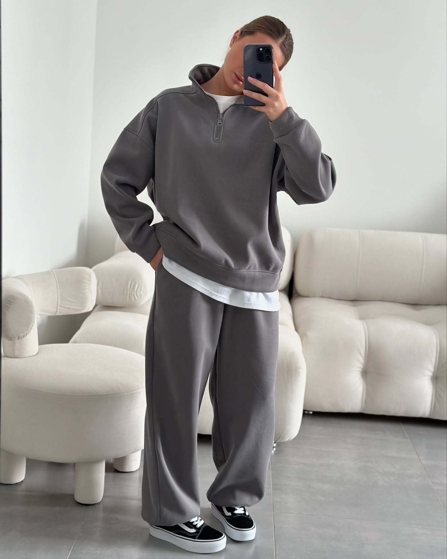 Oversize Half-Open Collar Long-Sleeve Hoodie & Drawstring Sweatpants Set