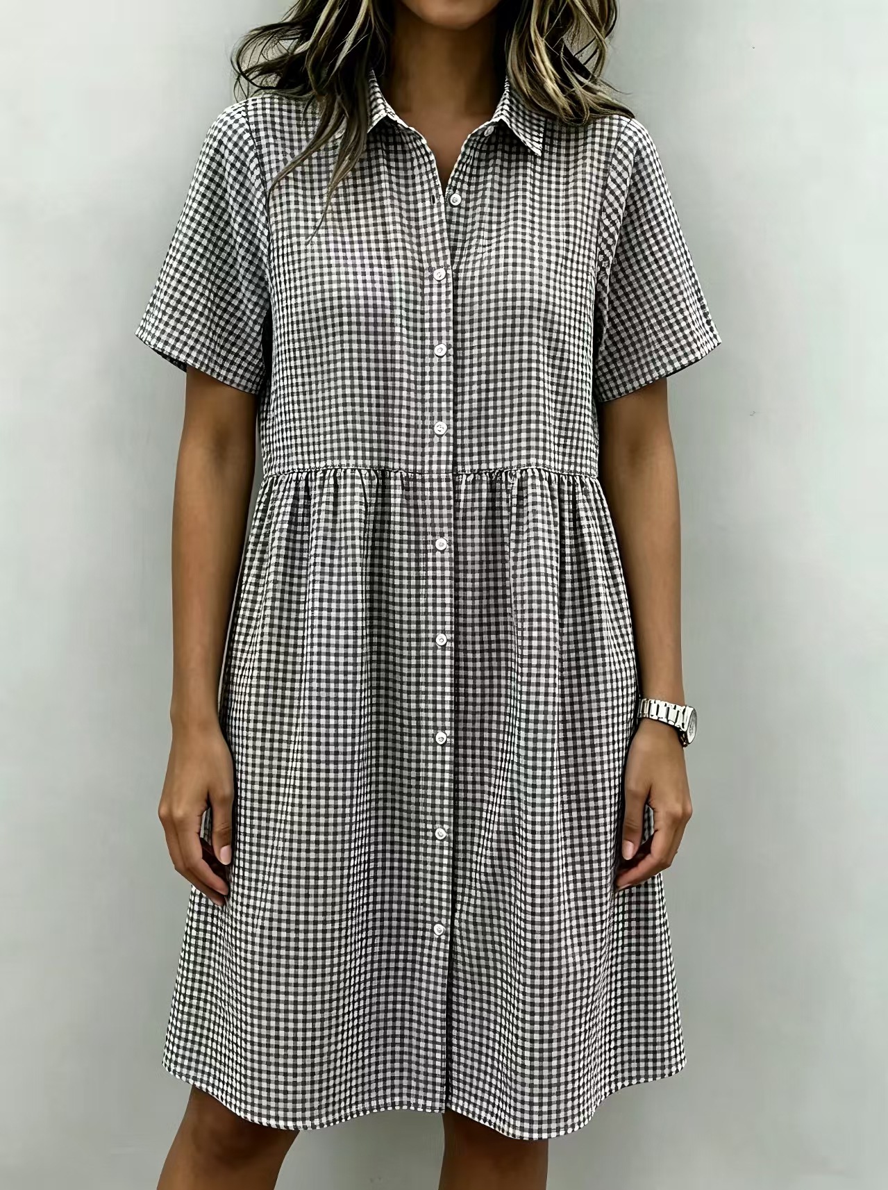 Retro Plaid Polo Collar Bubble Sleeve Dress