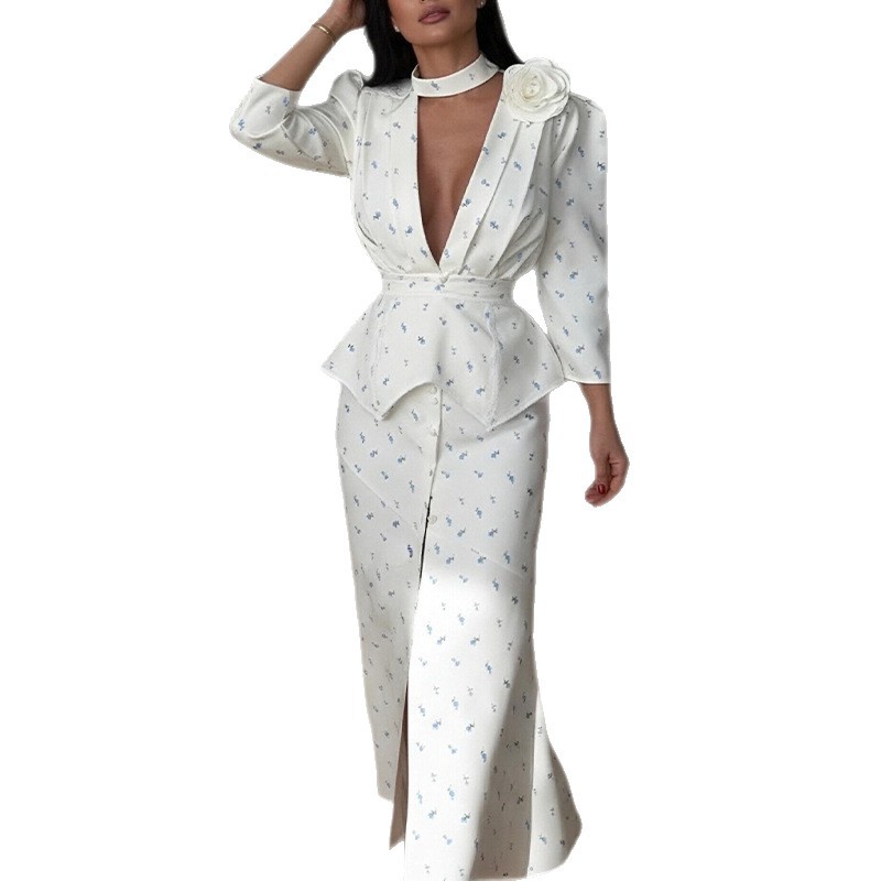 Women's Floral Print Deep V-Neck Long Sleeve Bodycon Dress