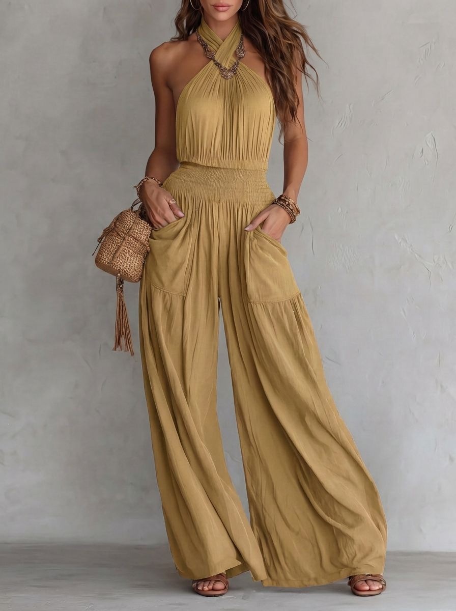Bohemian Open-Back Sleeveless Wide-Leg Jumpsuit with Smocking and Pockets