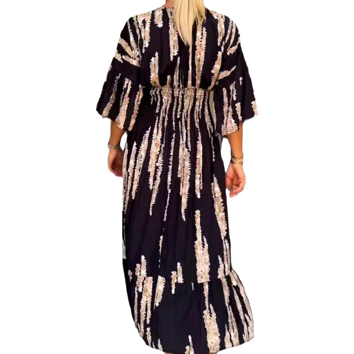 Women's Summer V-Neck Floral Print Bell Sleeve Maxi Dress