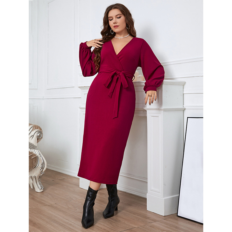 V-Neck Long Sleeve Slim Fit Red Maxi Dress