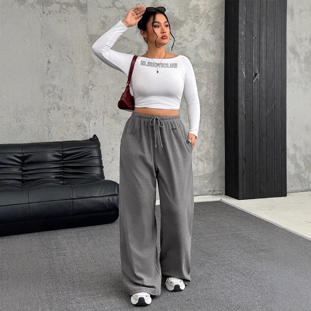 Women's Drawstring Waist Straight-Leg Casual Pants Gray