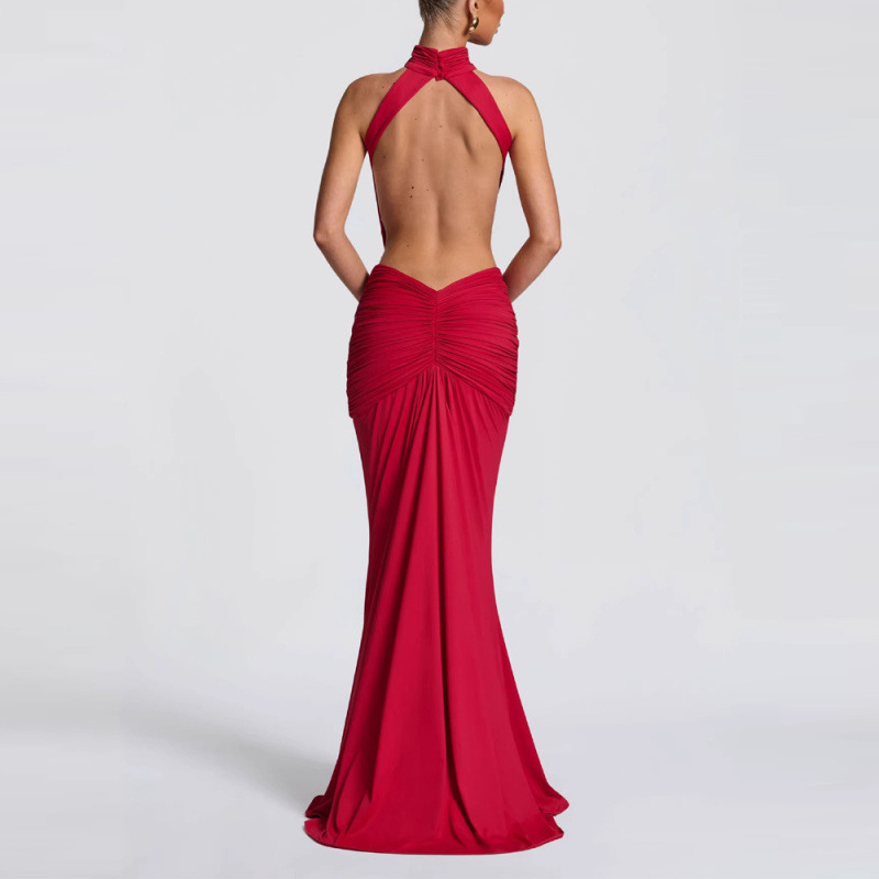 Women's Halter Ruched Bodycon Long Dress High Neck Open Back Evening Gown