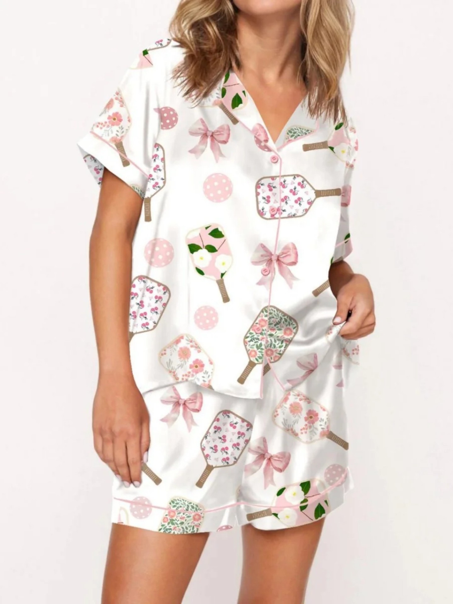 Women's Cuban Collar Short Sleeve Shirt Set with Novelty Print