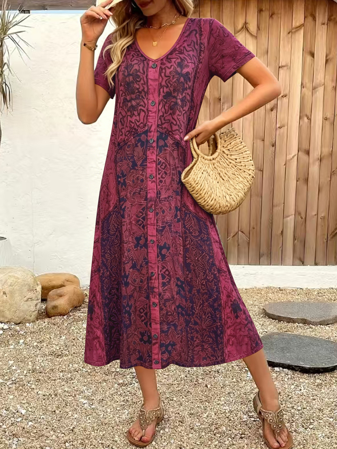 Bohemian Geometric Print V-Neck Button A-Line Midi Dress