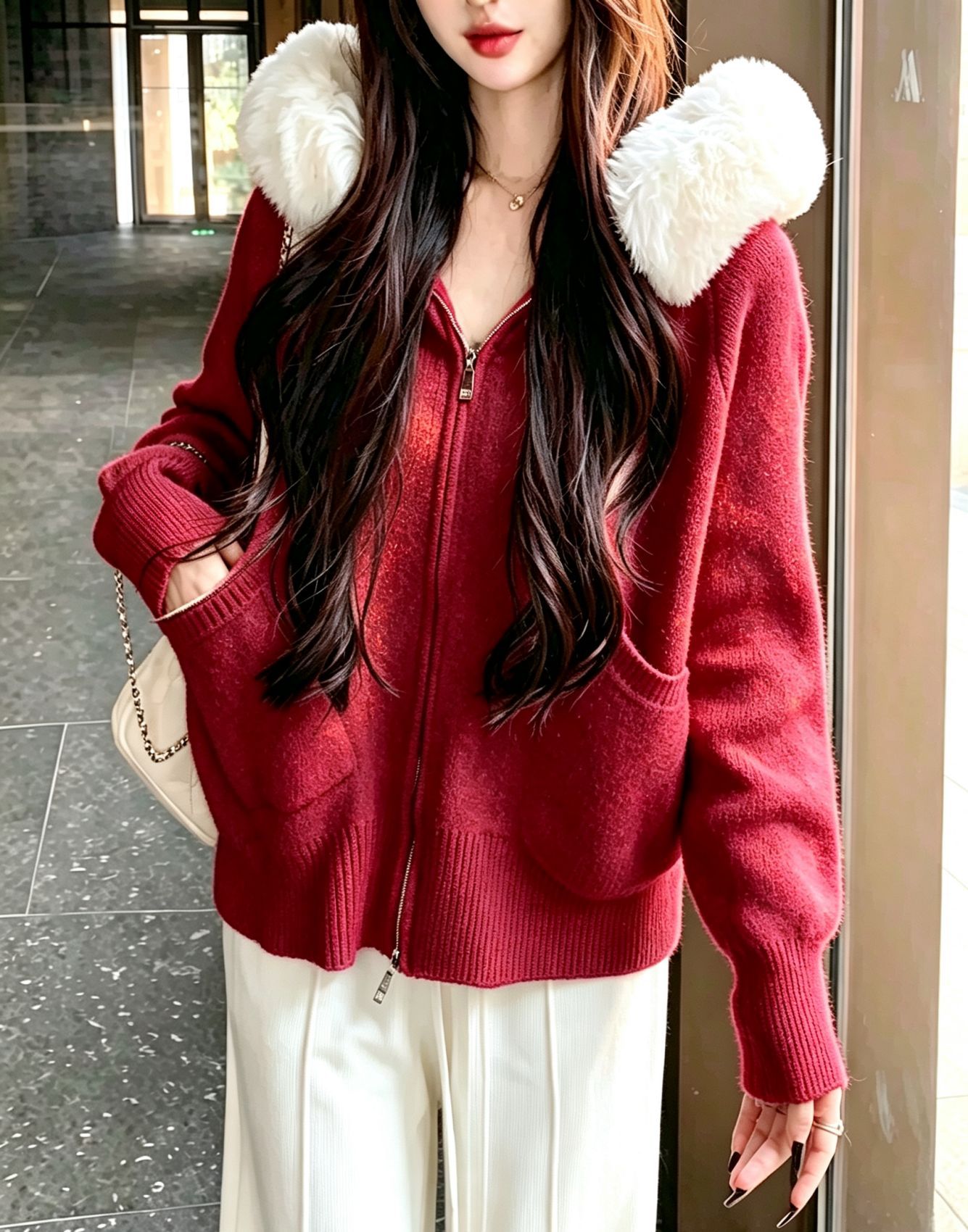 Women's Faux Fur Trim Hooded Zip Knit Cardigan Solid Color Loose Sweater with Pockets