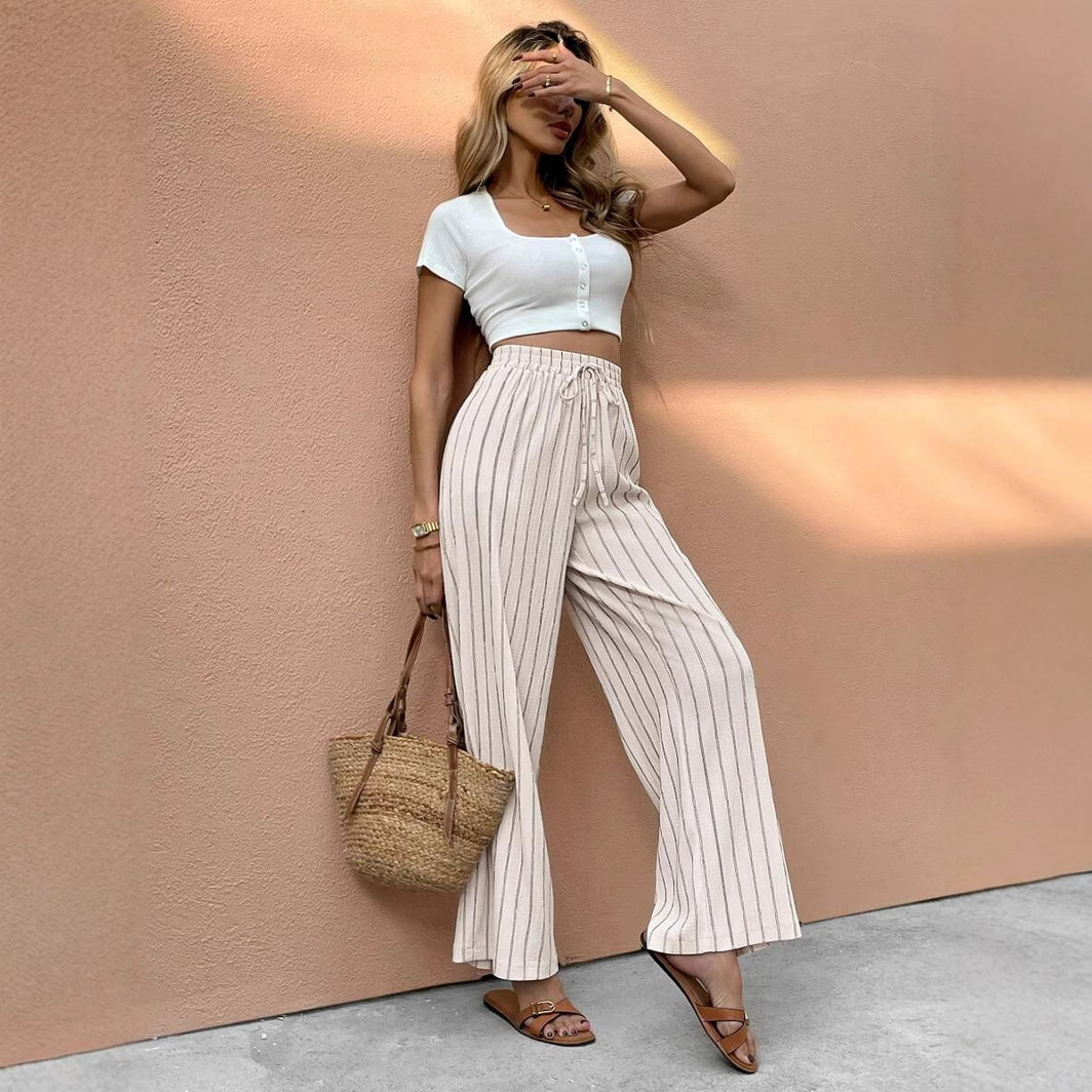 Striped Wide-Leg Tie-Waist Casual Pants