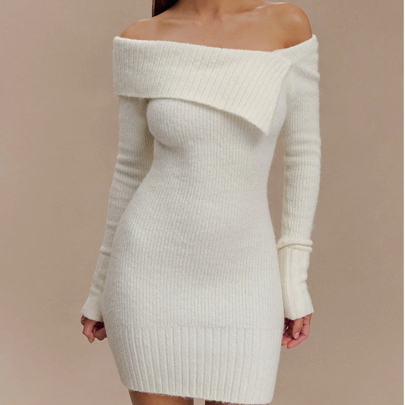 Solid Off-Shoulder Knit Bodycon Long-Sleeve Mini Dress