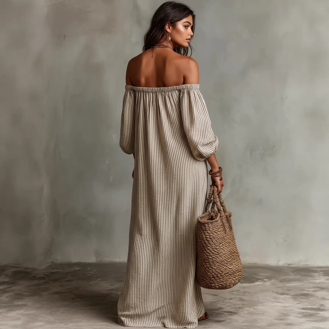 Striped Off-Shoulder Linen-Blend A-Line Maxi Dress