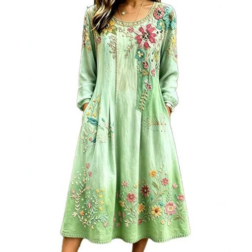 Women's Bohemian Floral Print Pleated Long Sleeve Midi Dress