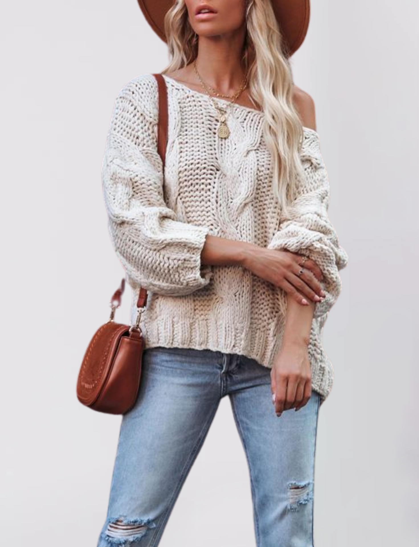 Women's Off-Shoulder Cable Knit Pullover Sweater