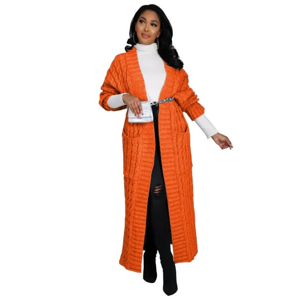 Cable-Knit Open-Front Long Cardigan with Pockets