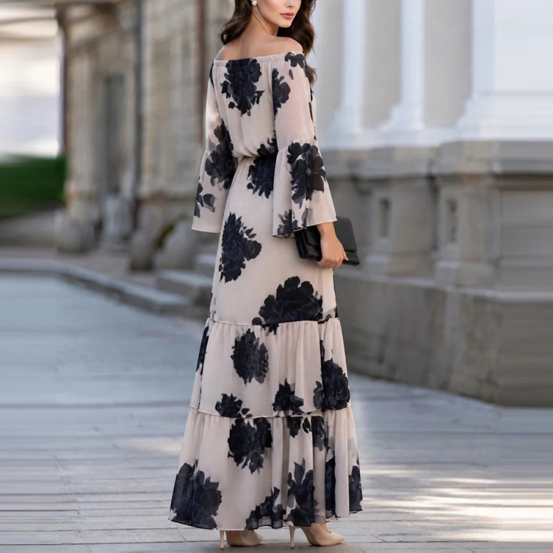 Women's Off-Shoulder Floral Print Patchwork Maxi Dress