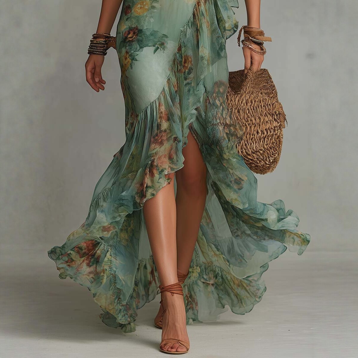 Floral V-Neck High-Low Midi Dress with Flared Sleeves