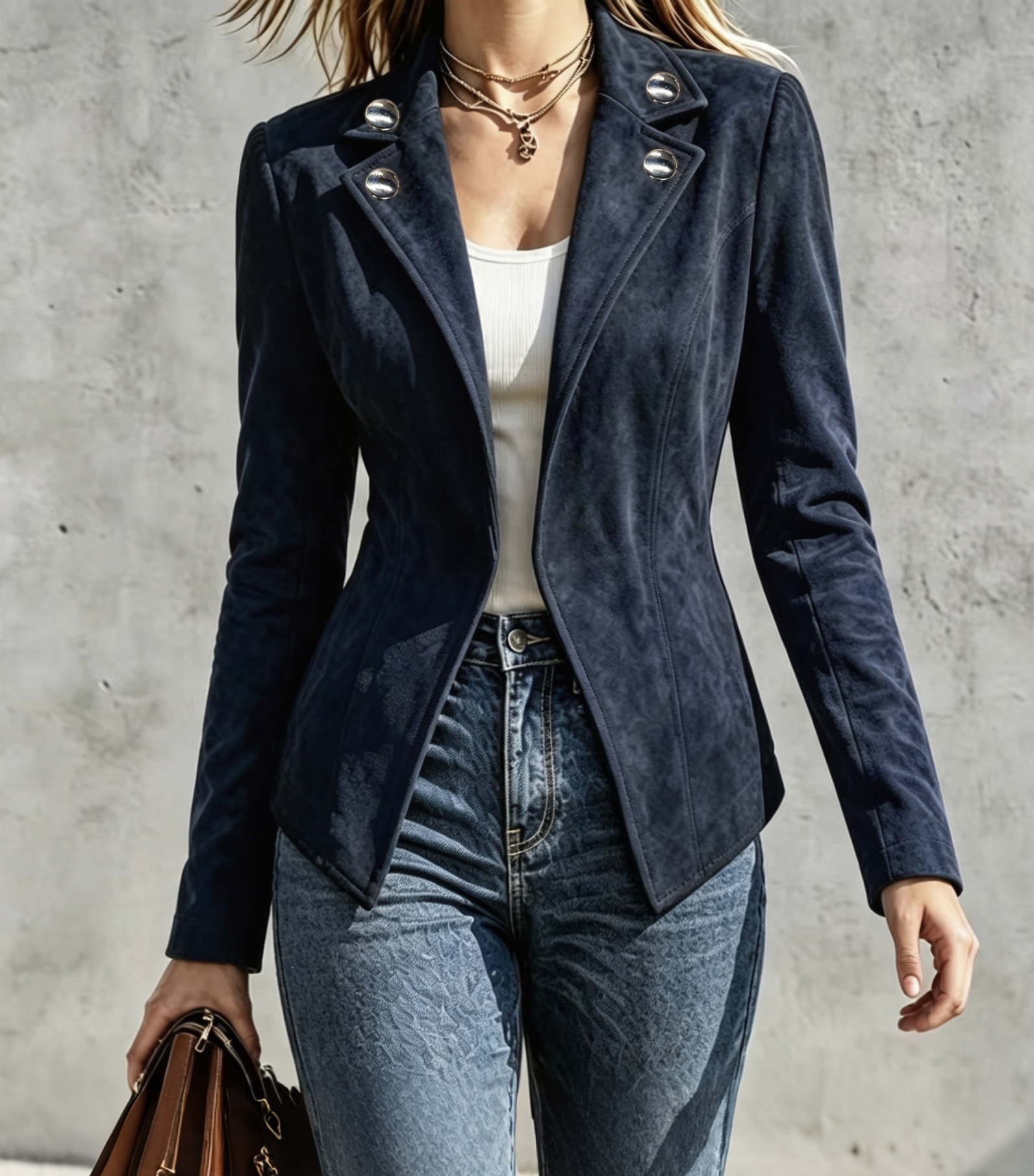 Women's Retro Faux Suede Slim Fit Button Lapel Long Sleeve Jacket