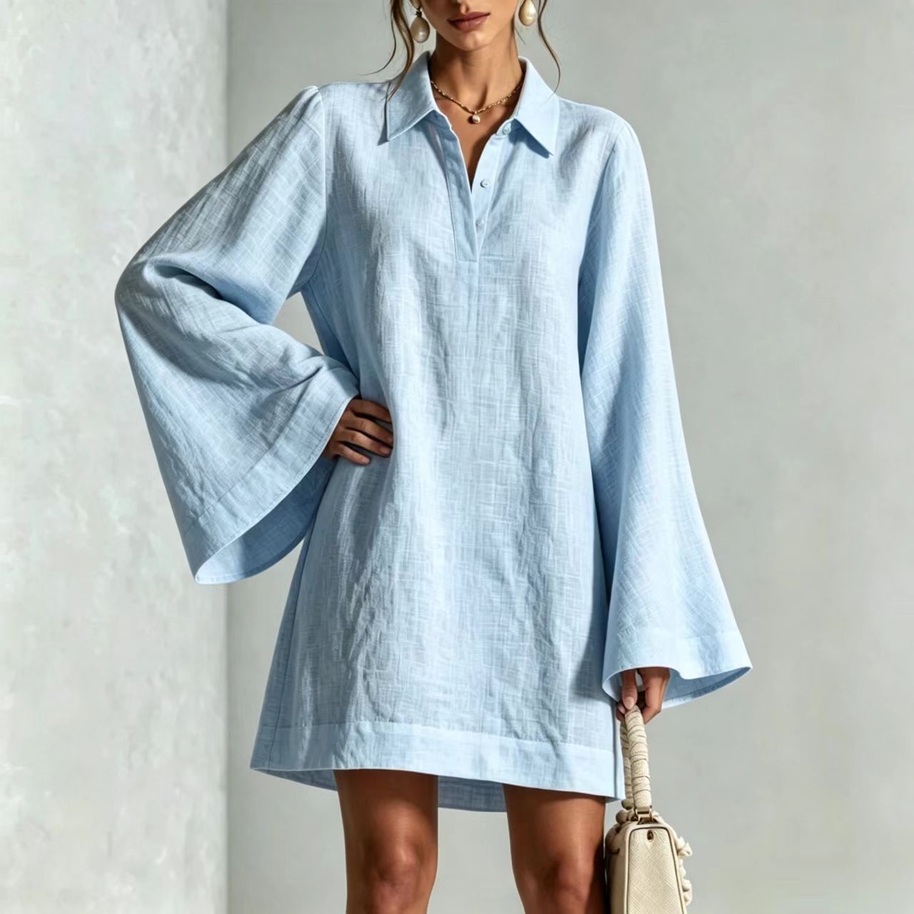 Women's Solid Color Flare Sleeve Dress with Lapel Collar, Loose Casual Midi