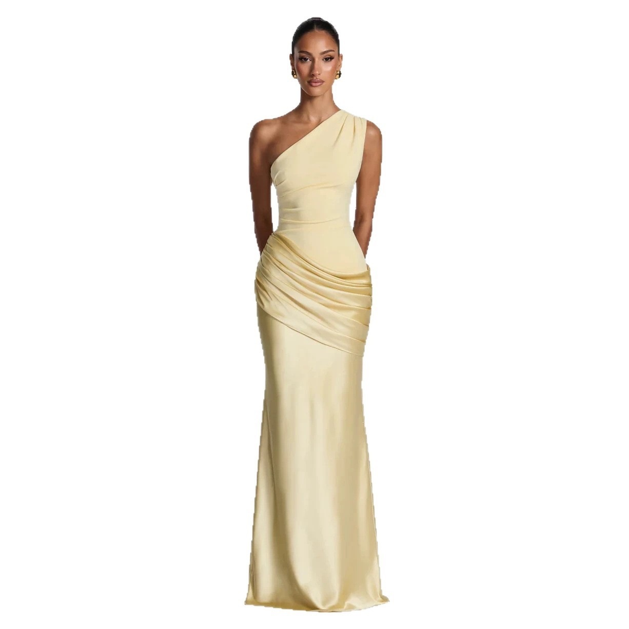 One-Shoulder Ruched Satin Bodycon Maxi Dress