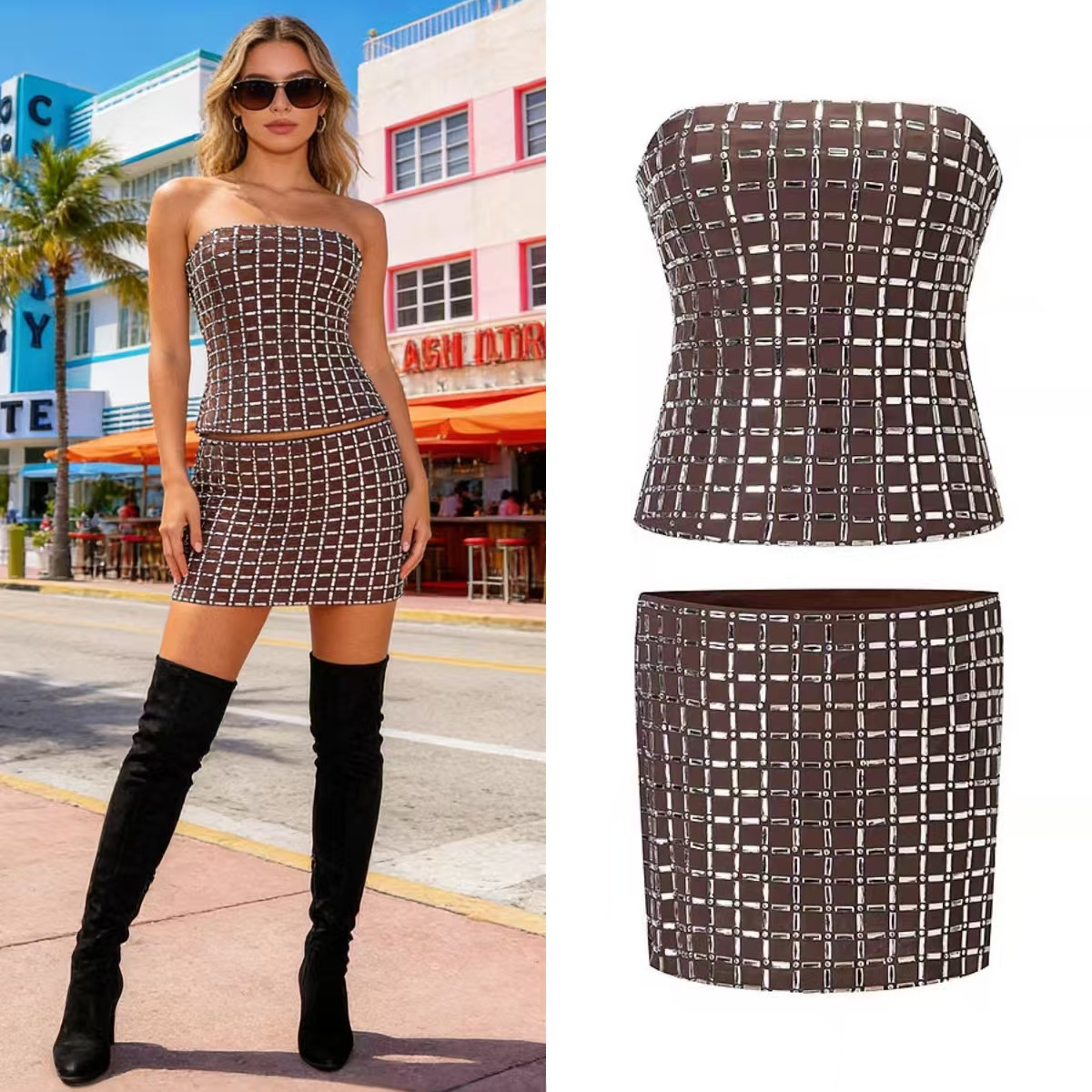 Women's Summer Vintage Strapless Bodycon Two-Piece Skirt Set