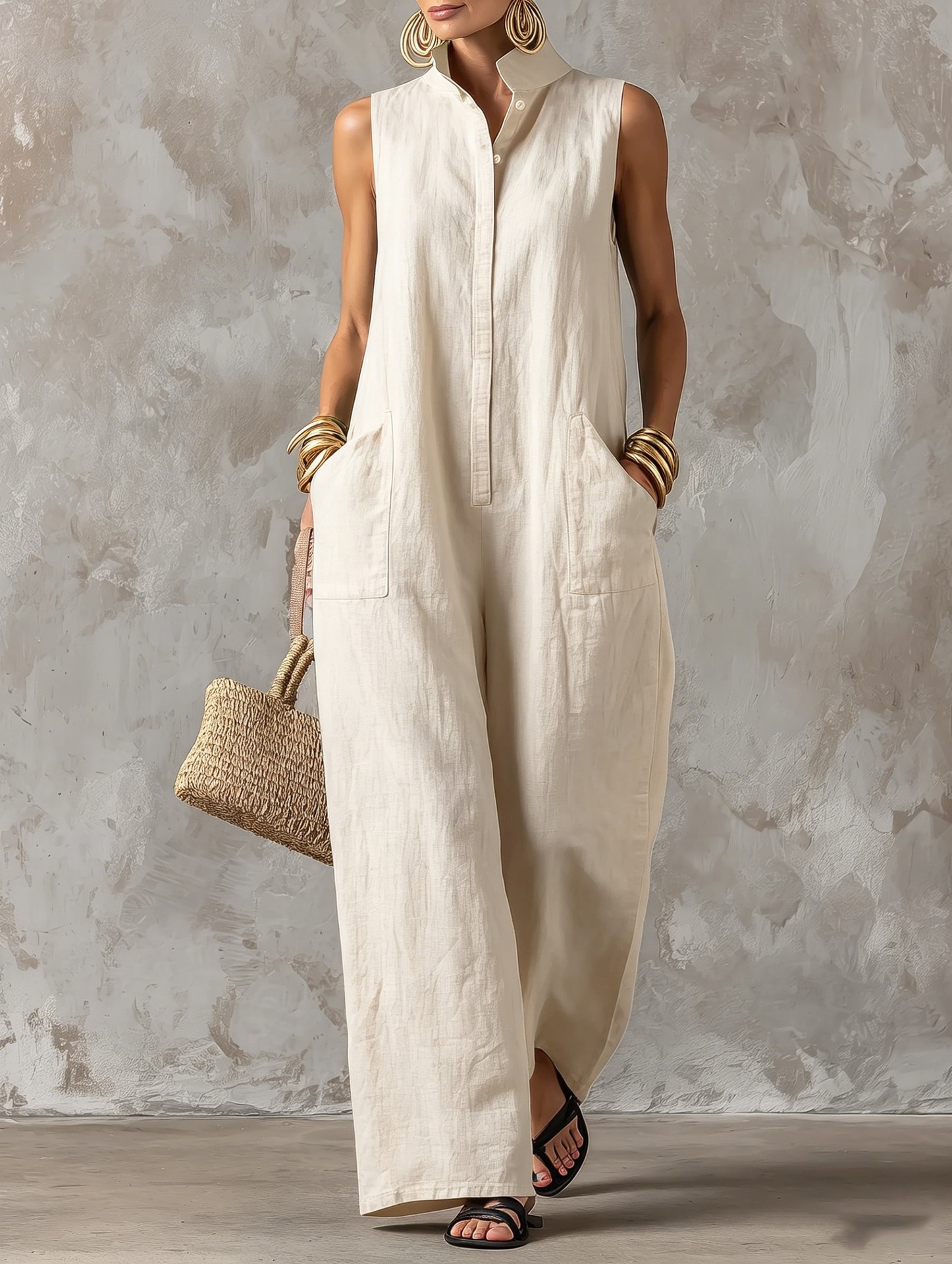 Women's Sleeveless Linen-Blend Jumpsuit with Stand Collar, Button Front, Wide Leg