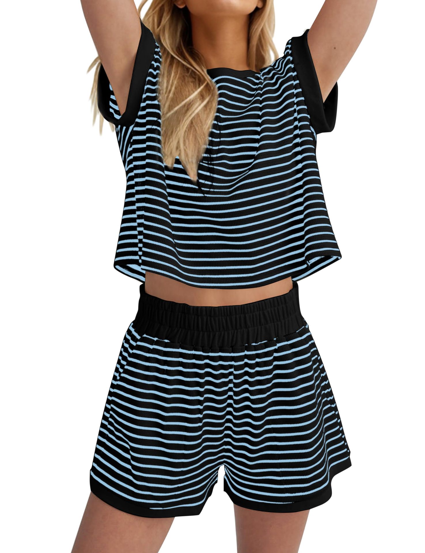 Women's Striped Round Neck Long Sleeve Two-Piece Pants Set