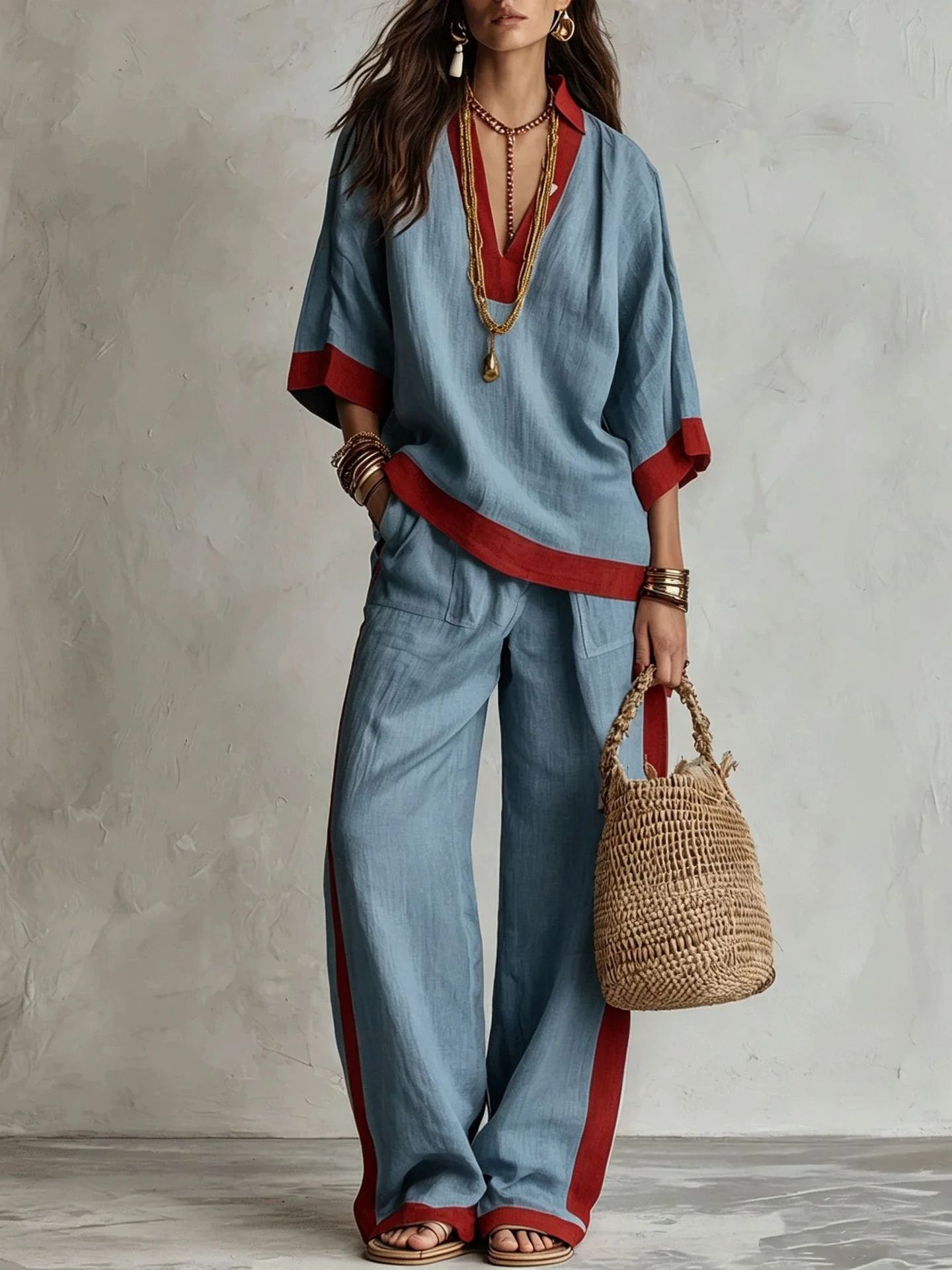 Color-Block Linen-Look V-Neck Top & Wide-Leg Pants Set