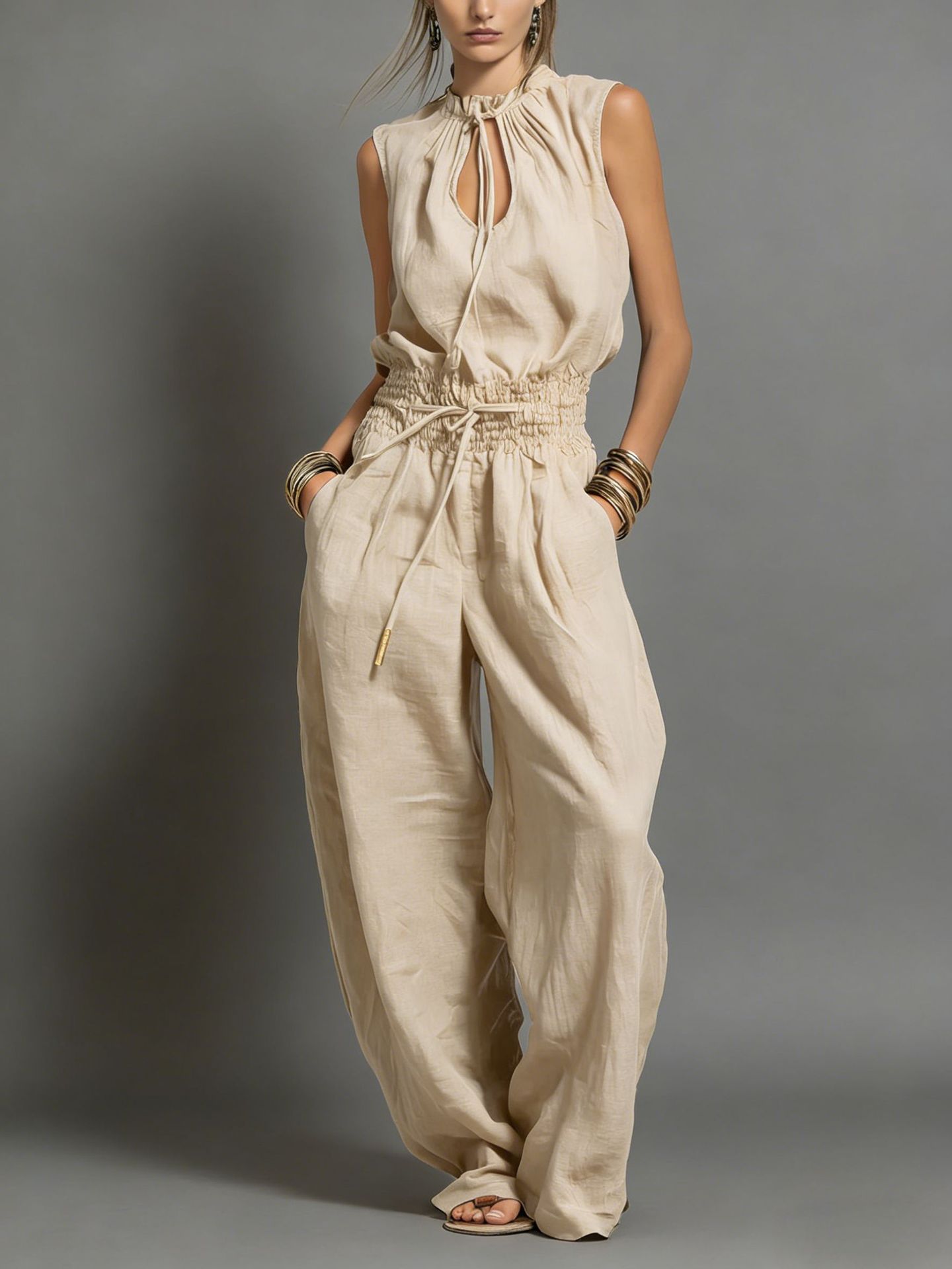 Women's Sleeveless Wide-Leg Jumpsuit with Cinched Waist Streetwear