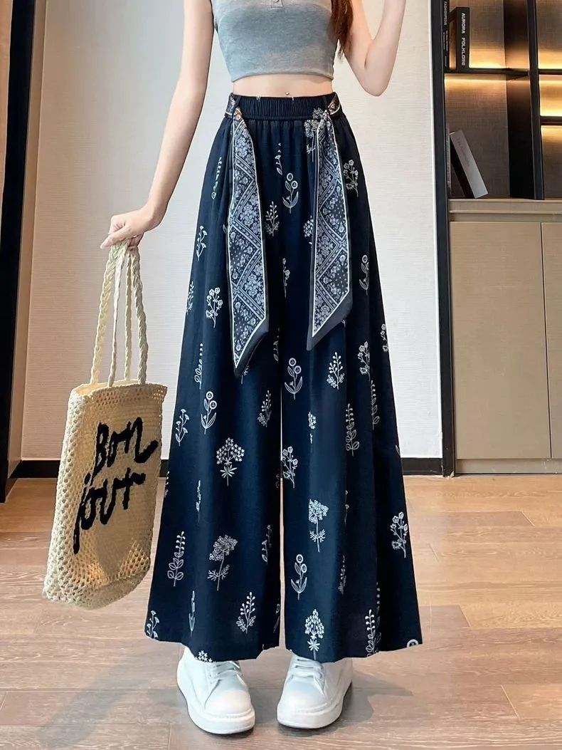 Printed Cotton-Linen Wide-Leg Pants for Women, High-Waist Tie, Loose Cropped