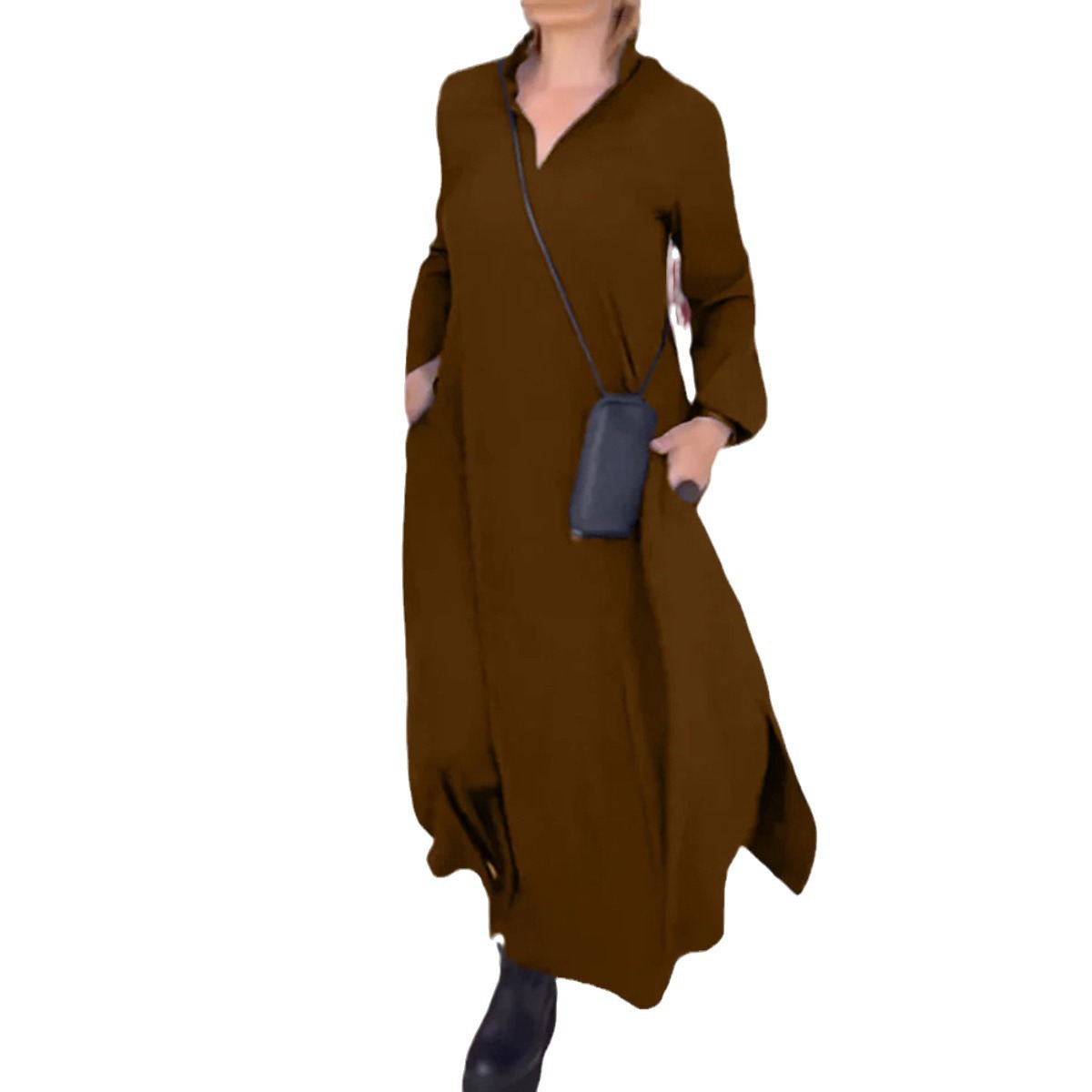 Women's Solid V-Neck Long Sleeve Loose Flowy Maxi Dress