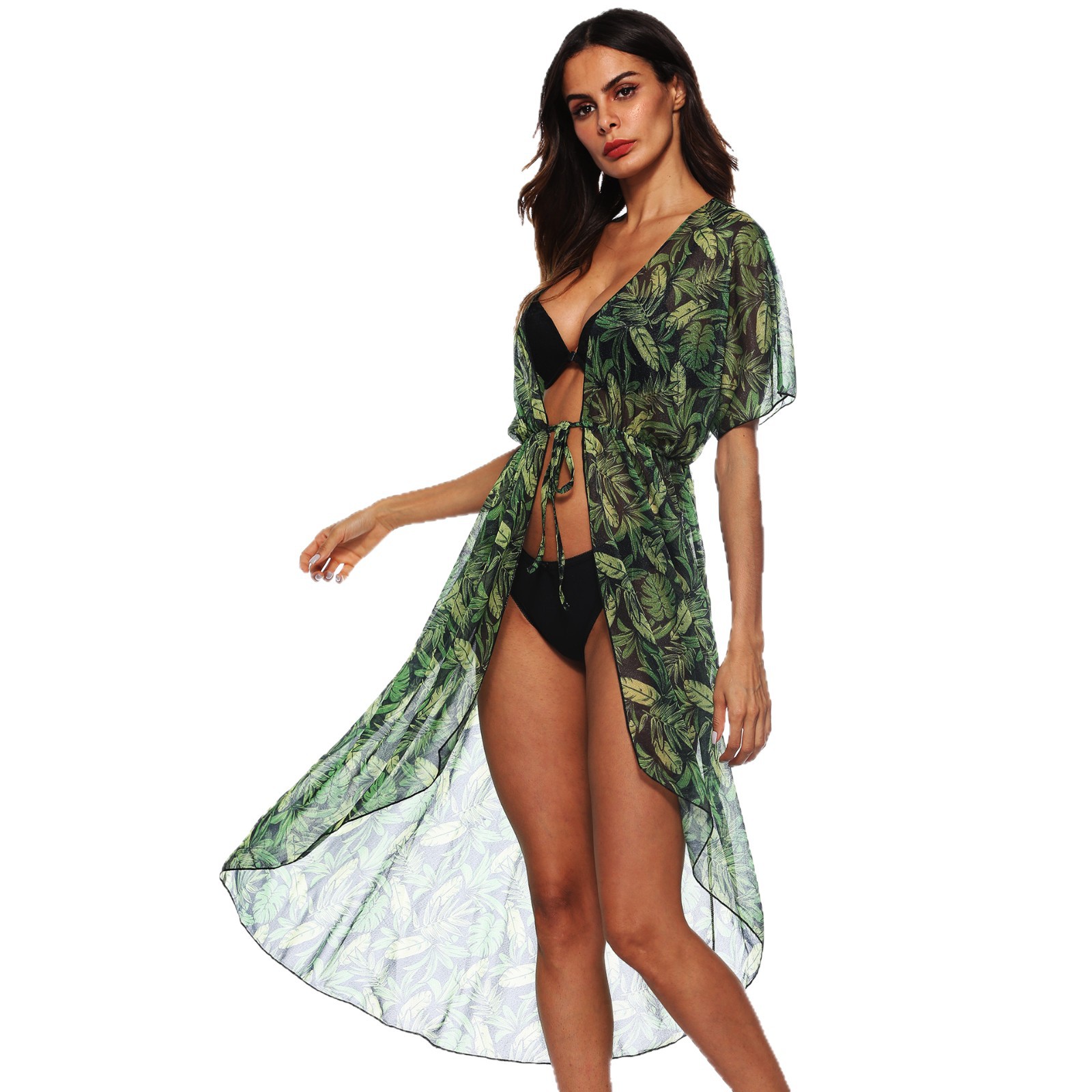 Women's Leaf Print Tie-Front Open Cardigan Loose Irregular Sun Protection Cover-Up