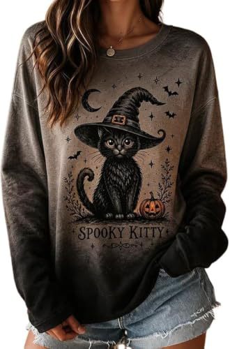 Women's Halloween Witch Hat Cat Print Sweatshirt