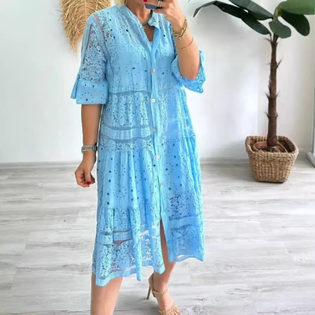 Women's Solid V-Neck Button Lace Panel Midi Dress