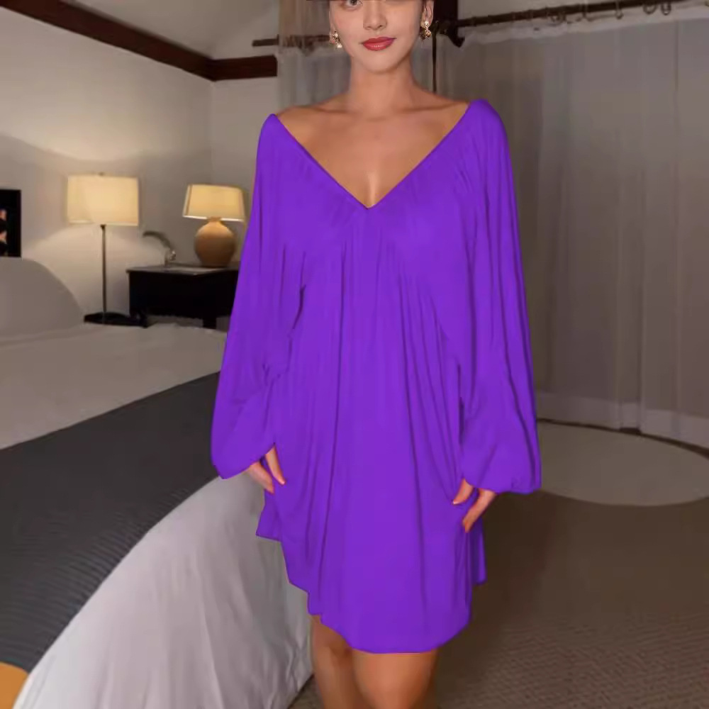 Solid V-Neck Open-Back Long-Sleeve A-Line Dress
