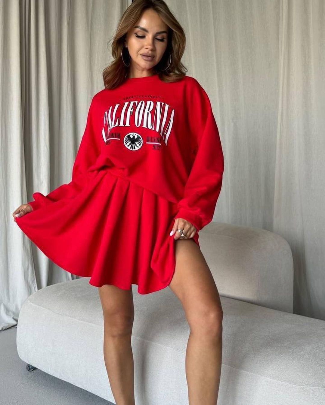 Loose Fleece-Lined Printed Pullover Top with Pleated Mini Skirt Set