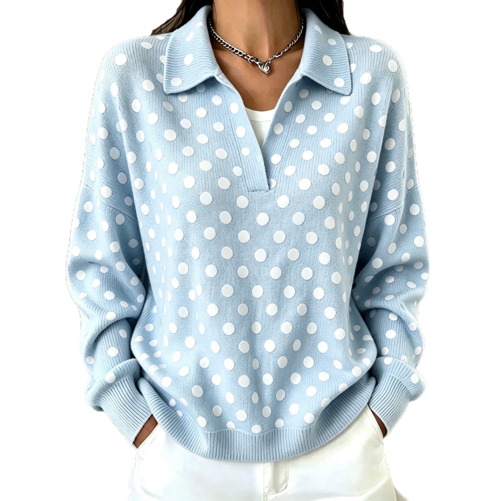 Women's Retro Polka Dot Print Button-Up Collared Sweatshirt