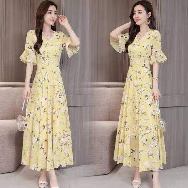 Floral A-Line V-Neck Midi Dress with Nine-Tenth Sleeves
