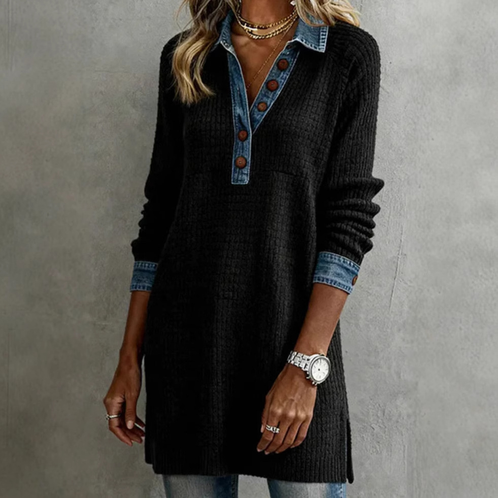 Denim Patchwork Long Sleeve Collared Button Dress