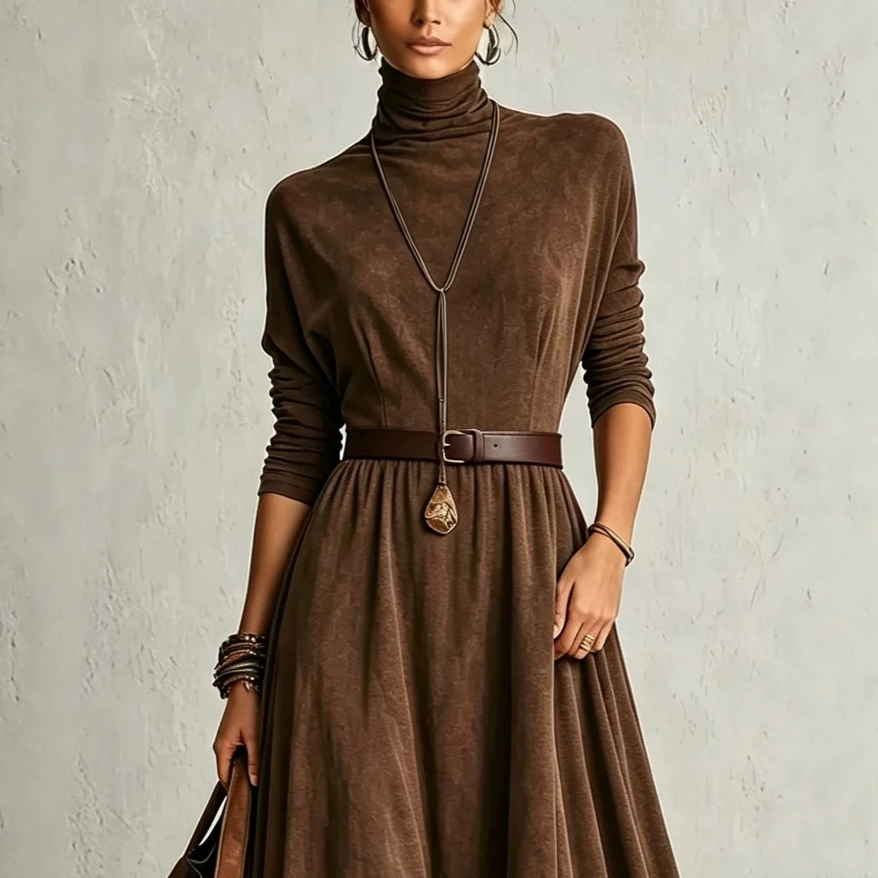 Elegant Color-Block Long Dress with High Neck and Fitted Waist