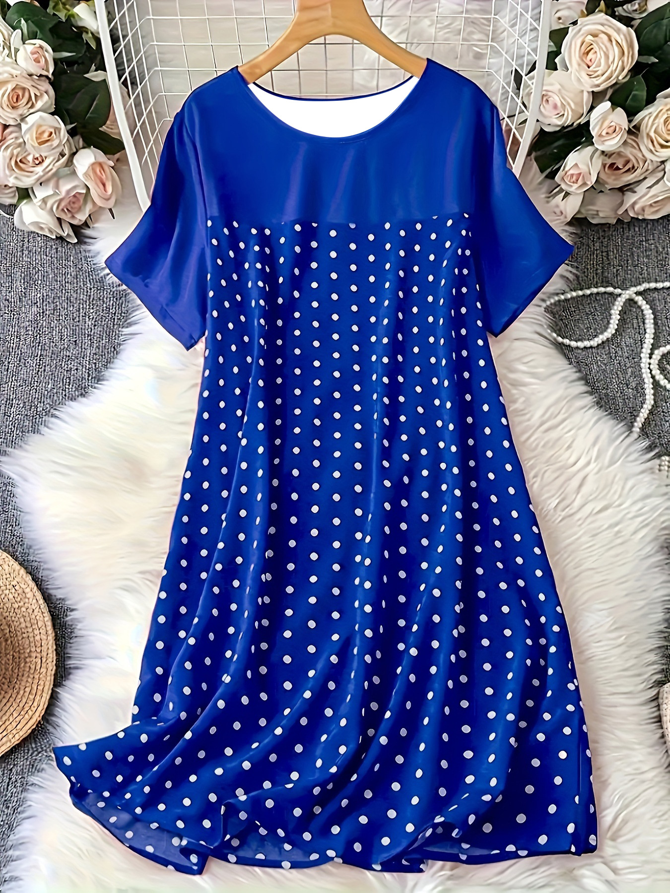 Polka Dot Round Neck Short Sleeve Sleep Dress Comfortable A-Line Dress