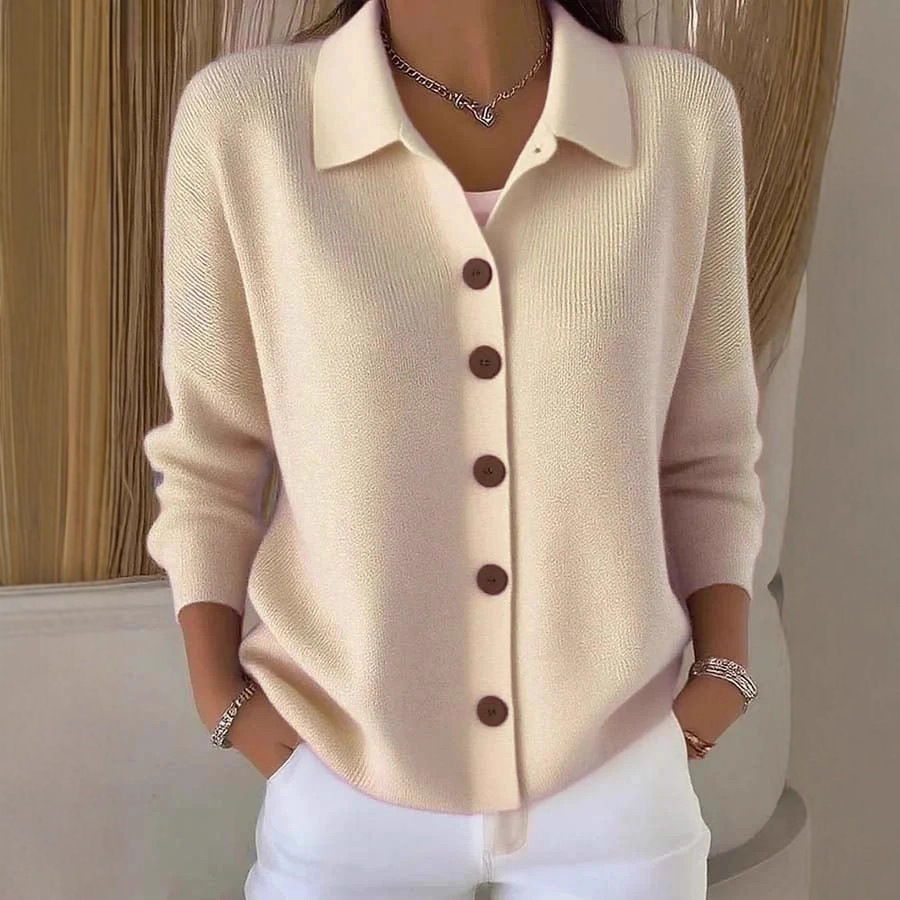 Button-Down Knit Cardigan with Collar Solid Color Casual Women's