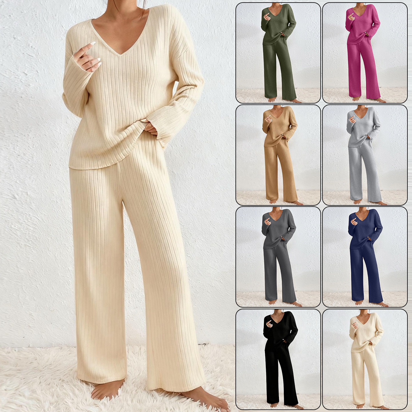 Women's Wide-Leg Pants Set Long Sleeve Casual Two-Piece Outfit