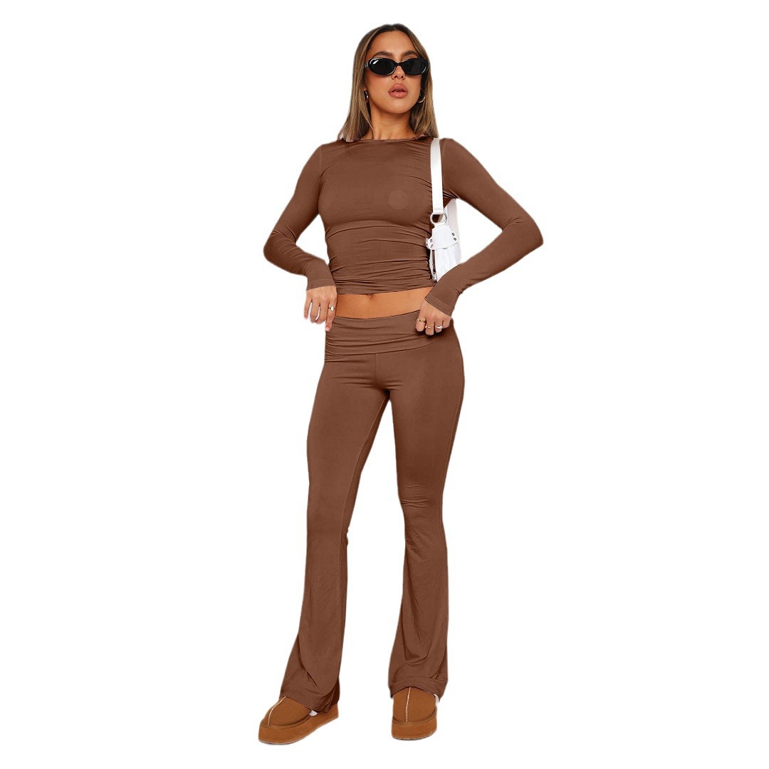 Women's Low-Rise Flare Pants Set Casual Slimming Solid Color