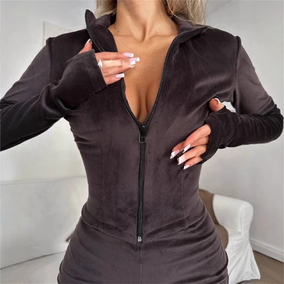 Silver Fox Velvet Zip-Up Long-Sleeve Fitted Cardigan and Elastic Pants Two-Piece Set