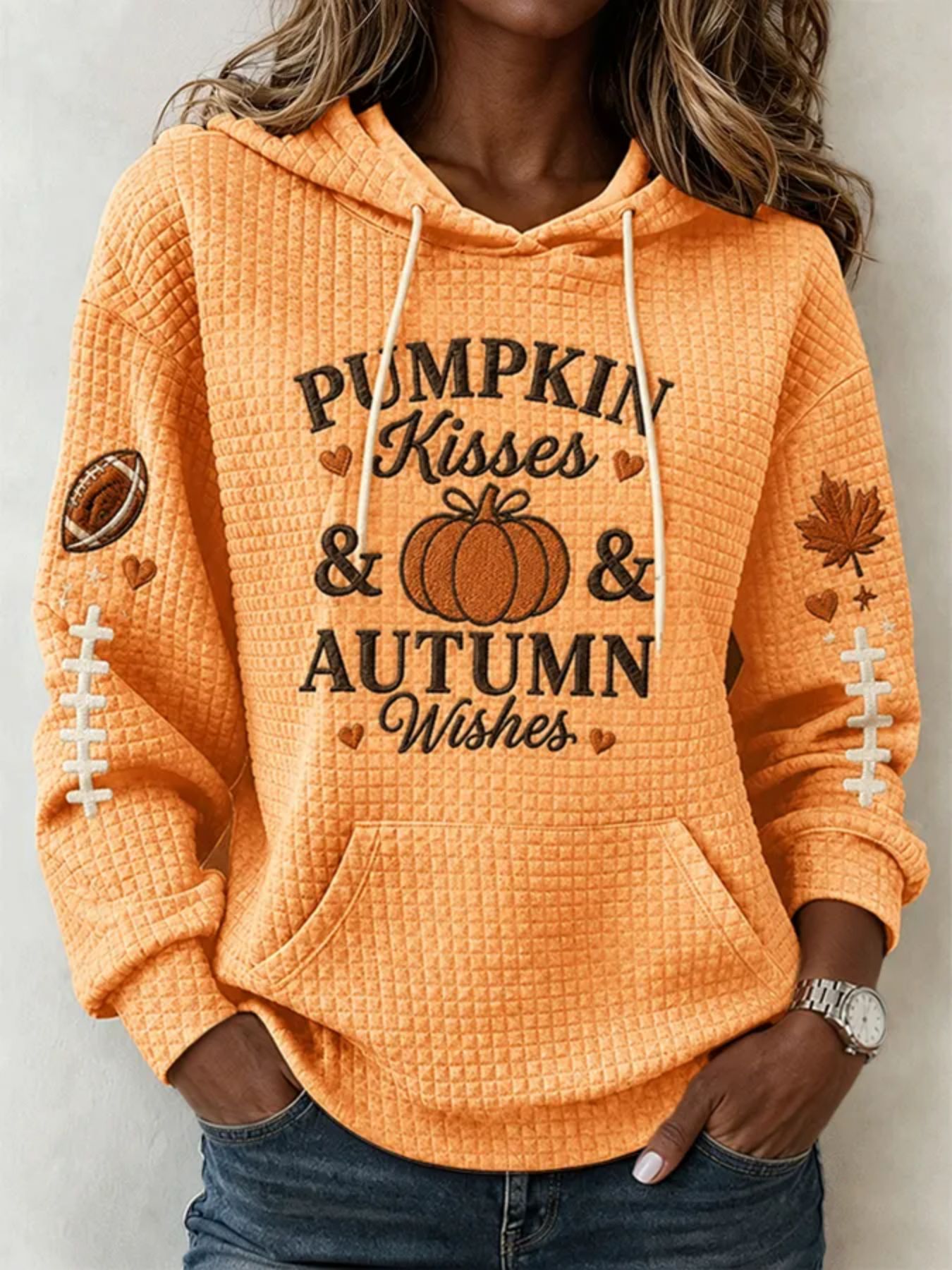 Pumpkin Football Waffle Knit Loose Fit Hoodie Women's Top