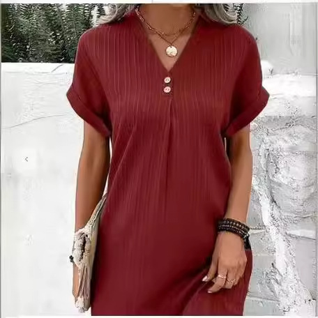 V-Neck Solid Button Pullover Casual Dress